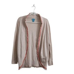 Two Bees Cashmere Cardigan‎ Medium Cream Fur Ball Tassel Edge Open Front Sweater